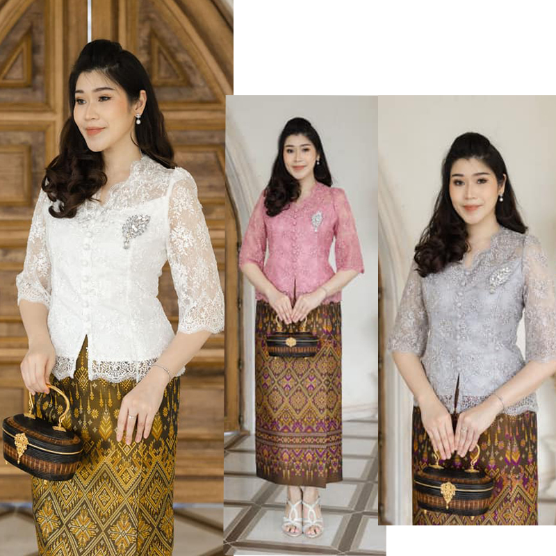 kudapyเสื้อลูกไม้สีเทา | ขาว | ชมพู ใยบวบคอวีแต่งกระดุมหน้า งานลูกไม้ เกรดพรีเมี่ยมลายชัด (เฉพาะเสื้อ)