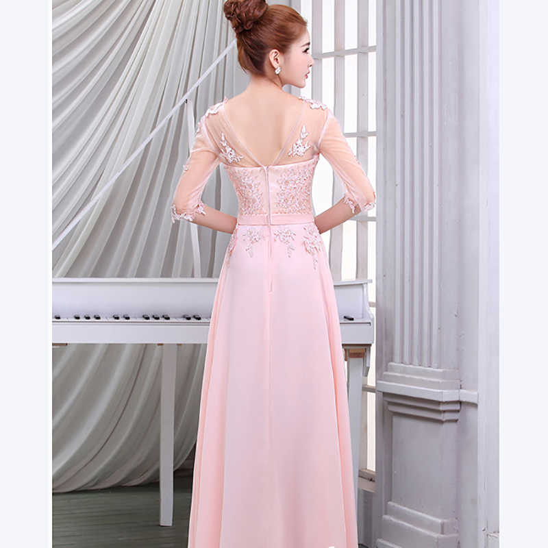 kudapy ชุดราตรียาวสีชมพู/ฟ้า แขนยาว แบบเรียบหรู แต่งลูกไม้เซาะดอก ปักลูกปัดมุก