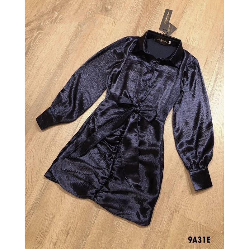 kudapy เดรสสั้นสีแดง/กรม ปกเชิ้ตคอวีแขนยาว เย็บจับทวิสตรงเอวใส่แล้วดูดีเซ็กซี่