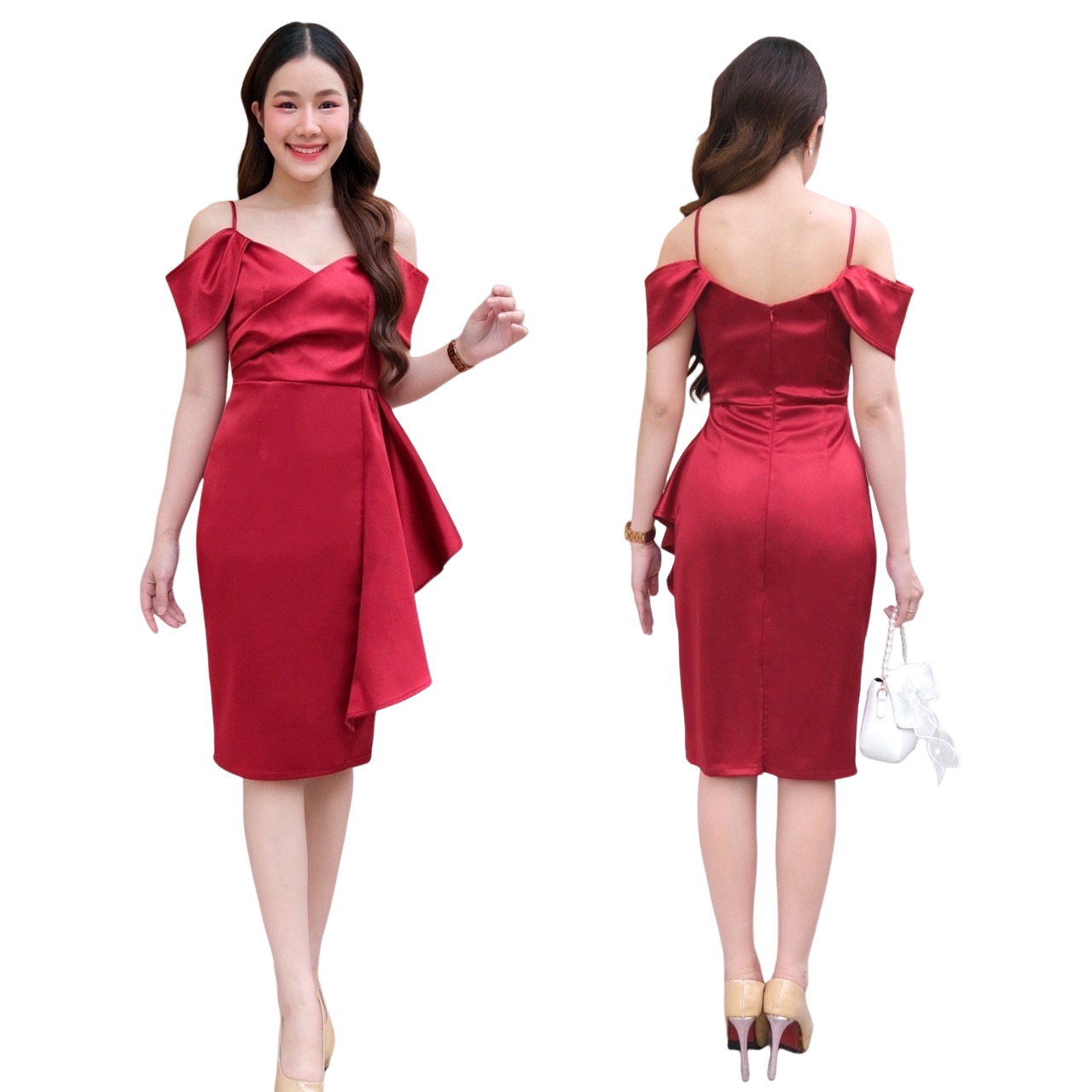 kudapy เดรสสายเดี่ยวเปิดไหล่ สีชมพูพิ้งค์โกลล์, เขียวมรกต, ทองโรสโกลล์ ,แดง, กรมท่า,ส้มอิฐ ,ฟ้า ,เทา เดรสผ้าดัชเชทเงาวาวสวย สายเดี่ยวเปิดบ่า ทรงคิมเบอร์รี่ ช่วงอกป้ายไขว้ จับจีบ กระโปรงสอบ ผ่าหลัง