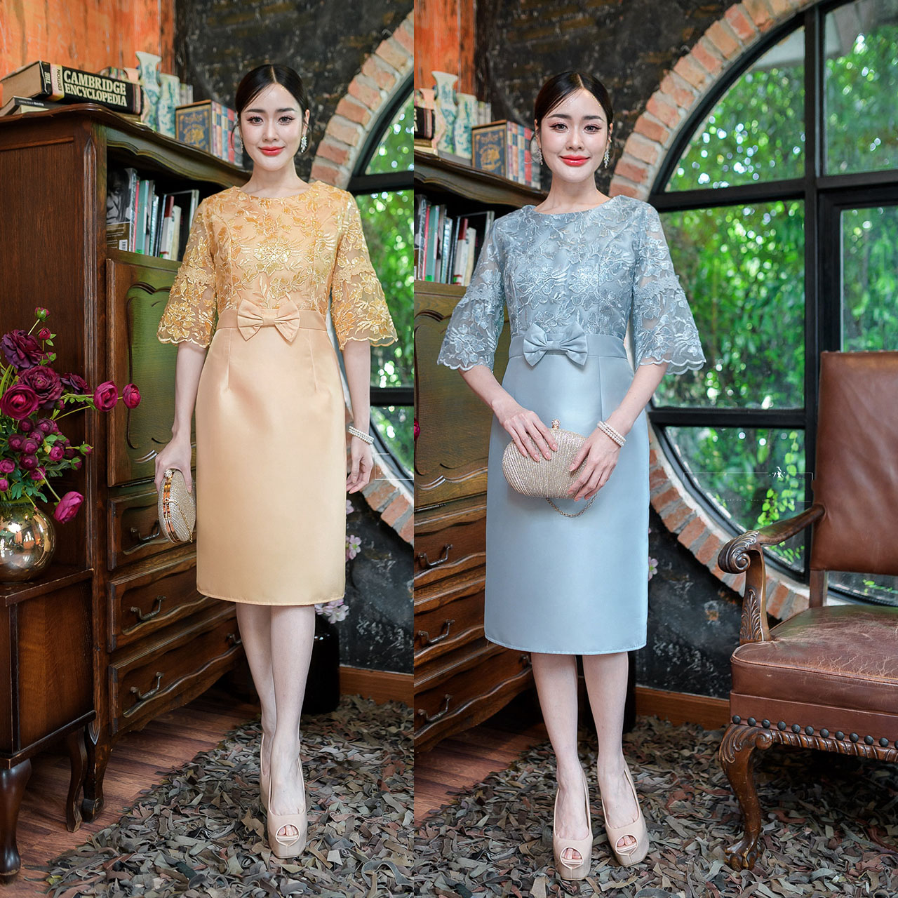 kudapy เดรสสั้นสีเหลืองทอง/สีฟ้า กระโปรงผ้าไหมตัวเสื้อเป็นผ้าลุกไม้ปักลายดอกไม้และปักเลื่อมโทนสีเดียวกับลูกไม้