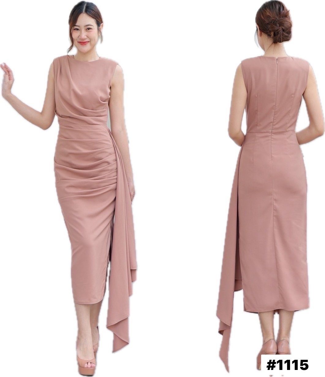 kudapy เดรสยาว ออกงานสุดพริ้ว แขนกุด ซิปหลังยาว บ่าเสริมฟองน้ำ กระโปรงสอบจับจีบเดรป ทิ้งชาย ผ่าด้านข้าง