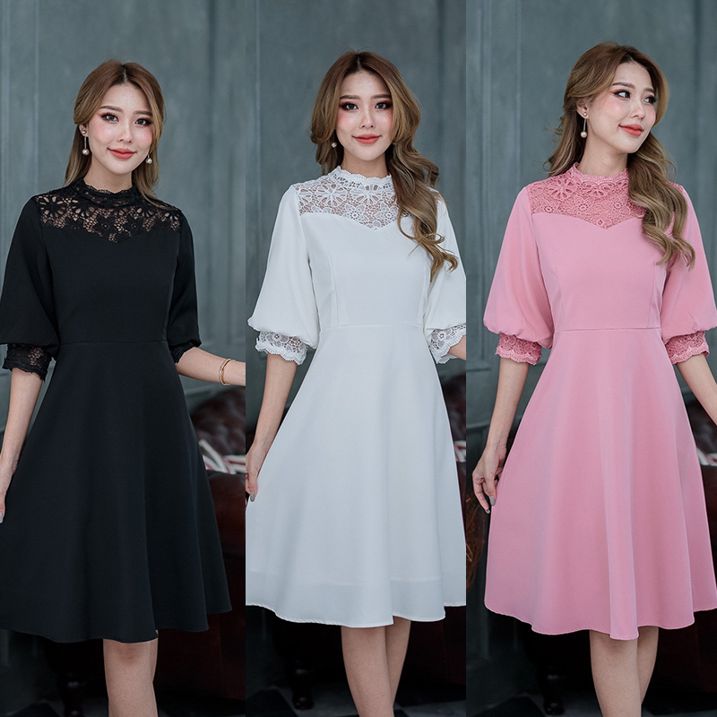 kudapy เดรสสั้นสีขาว/สีชมพู/สีดำ ทรงแขนพองจั้มปลายแขนช่วงแขนดูสวยดูแพง ดูไฮโซมากๆ