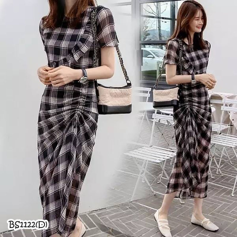 kudapyเดรสยาวสีดำ/แดงลายสก็อต แขนบาบี้ปลายแขนจั้มยาง งานผ้าไหมอิตาลี่นิ่มระบายอากาศได้ดี