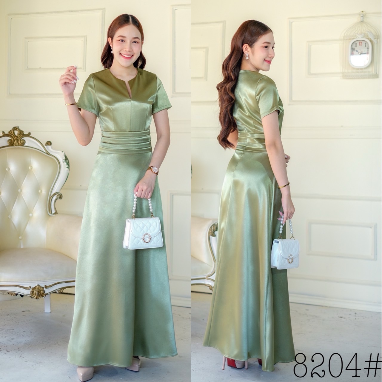 kudapy เดรสราตรียาว คอกลม ผ่าแคบ แขนสั้น ตีเกร็ด5ชั้นช่วงเอว กระโปรงทรงเอ ซิปหลัง ใส่ง่าย