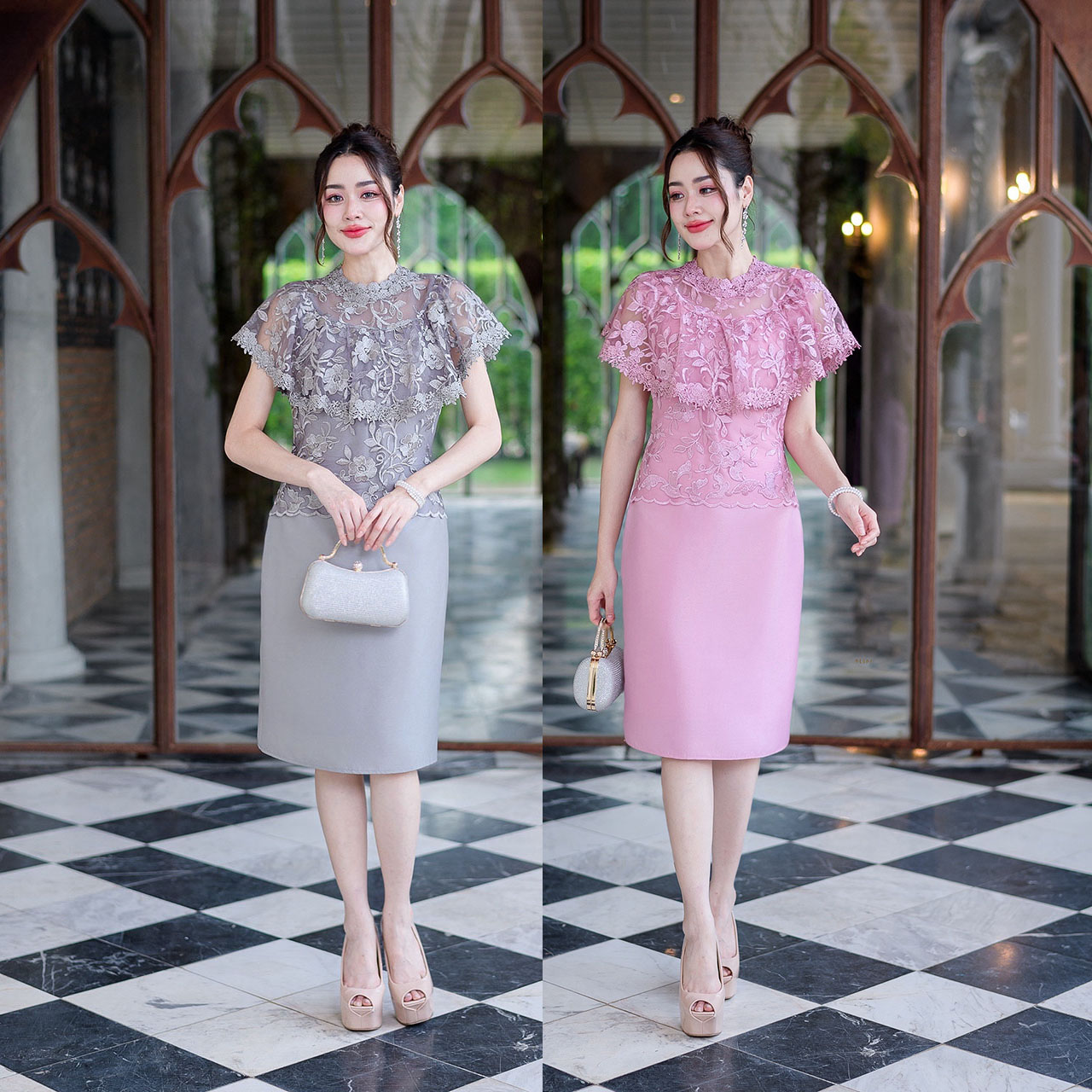 kudapy เดรสสั้นสีชมพู/สีเทา ลูกไม้ตาข่ายปักลายดอกไม้ดอกใหญ่ ด้านบนเป็นงานผ้าลูกไม้คลุมไหล่ระบายแต่งรอบคอด้วยลูกไม้สวยหรู กระโปรงเป็นงานผ้าไหมญี่ปุ่น