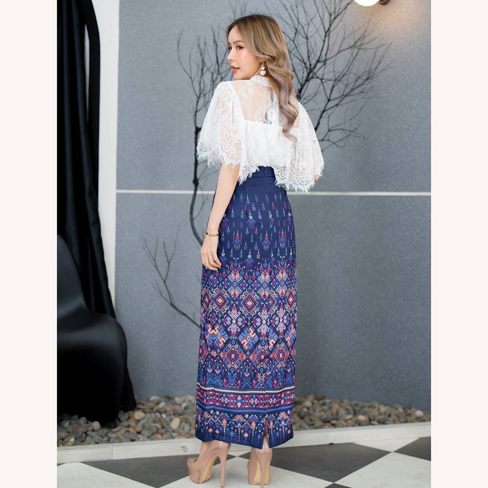 kudapy เซตเสื้อลูกไม้ขาว+ผ้าถุงลายไทยพิมพ์ลาย สีชมพู สีกรมท่า สีฟ้าน้ำทะเล สวยเรียบหรู ดูแพงมาก ดีไซส์น่ารักๆๆใส่ได้ทุกโอกาส