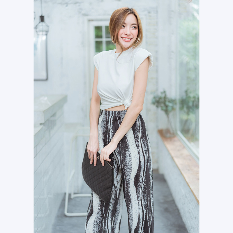 kudapy เซทเสื้อ+กางเกงอัดพีชลายคลื่นสีเขียว,ดำ,ฟ้า,ชมพู สวยดูดีใส่สบายน่ารัก