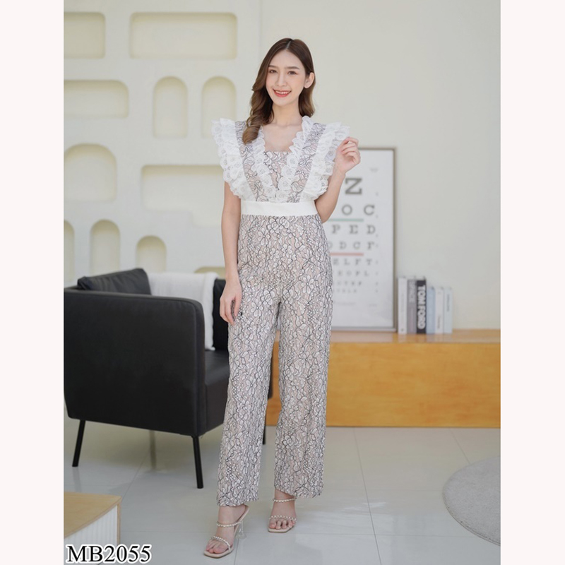 kudapy จั๊มสูทขายาวสีขาว ลูกไม้แขนกุดระบาย