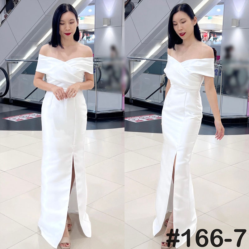 kudapy เดรสยาวสีขาว/สีโรสโกล/สีทอง/สีฟ้า/สีแดง/สีกรม อกไขว้ใหญ่ เปิดบ่าผ่าหน้า ซิบหลัง ทรงพรางแขนสุดฮิต กลับมากับเนื้อผ้าโพลีเอสเตอร์หรือไหมเทียม อยู่ทรง