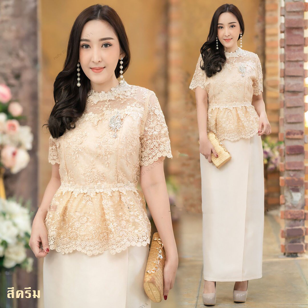 kudapy ชุดเสื้อ+กระโปรง ตัวเสื้อเป็นลูกไม้ใยบวบดอกนูนปักดิ้น แขนสั้นแต่งระบายที่เอว กระโปรงผ้สไหมญี่ปุ่นเนื้อทรายแบบพับทบสำเร็จมีชิปหลัง