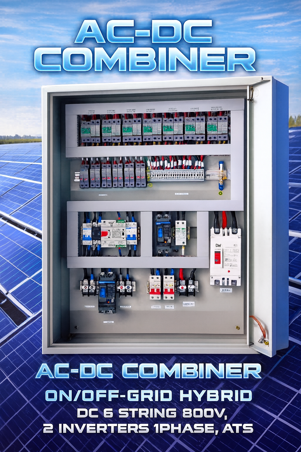AC-DC Combiner On/Off-Grid Hybrid DC 6 String 800V, 2Inverters 1Phase, ATS (สลับไว) ตู้คอมบายเนอร์ สำหรับระบบโซล่าเซลล์ออนออฟกริดไฮบริด แบบรวม 2 อิเวอร์เตอร์ 1 เฟส ไว้ในตู้เดียวกัน