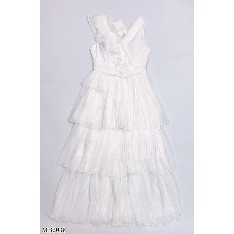 kudapy เดรสยาวสีชมพู/สีขาว แขนกุดกระโปรงพีท 3 ชั้น