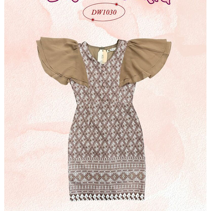 kudapy เดรสสั้นสีชมพู/สีน้ำตาล/สีกรม ผ้าไทยแขนระบาย ผ้าพิมพ์ลายไทย