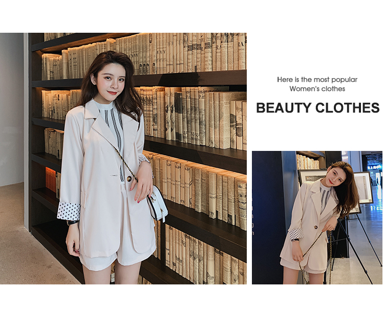 ชุดเซ็ทเสื้อสูทและกางเกงขาสั้นสีครีม ผ้าโพลีเอสเตอร์ผสม เนื้อนิ่ม