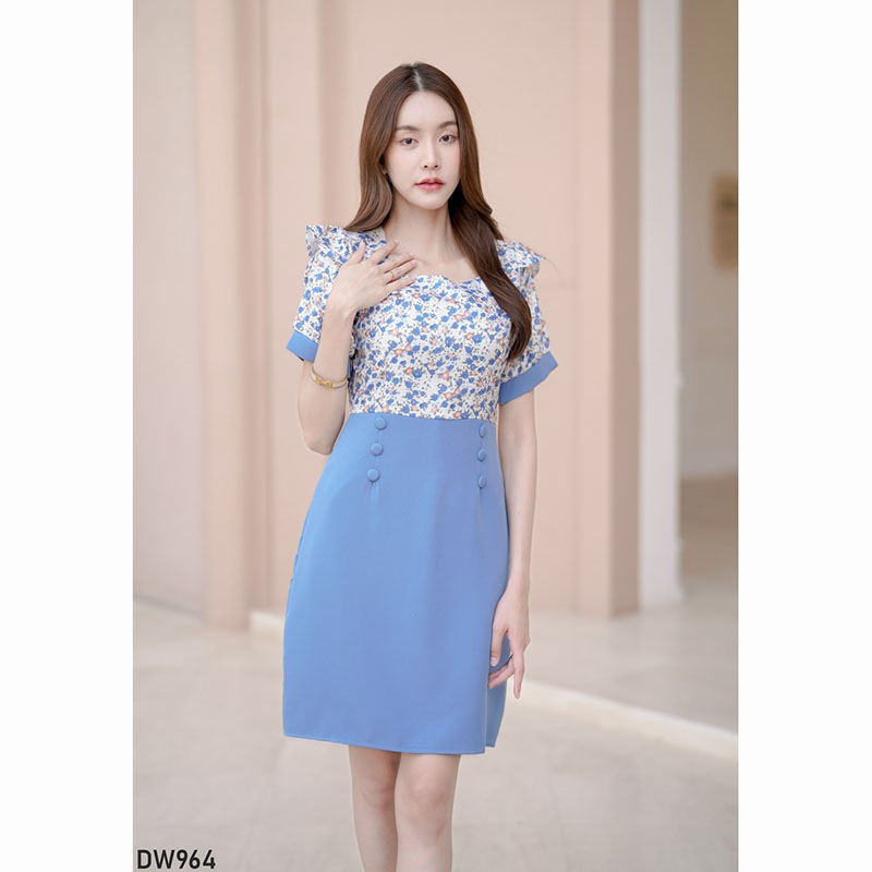 kudapy เดรสสั้นสีม่วง/สีชมพู/สีคราม แขนสั้นลายดอกมีกระดุม