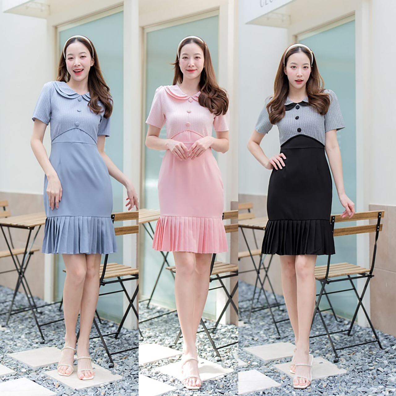 kudapy เดรสสั้นสีชมพู/สีดำ/สีฟ้าคราม เดรสชายกระโปรงพีชแต่งเสื้อคอบัว+กระดุม 3 ชิ้น