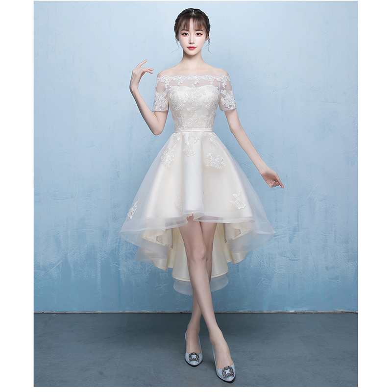 kudapy เดรสกระโปรงหน้าสั้นหลังยาวสีครีม ออกงานผ้าลูกไม้ปักสุดหรู ดีไซน์เปิดไหล่ ปิดต้นแขน