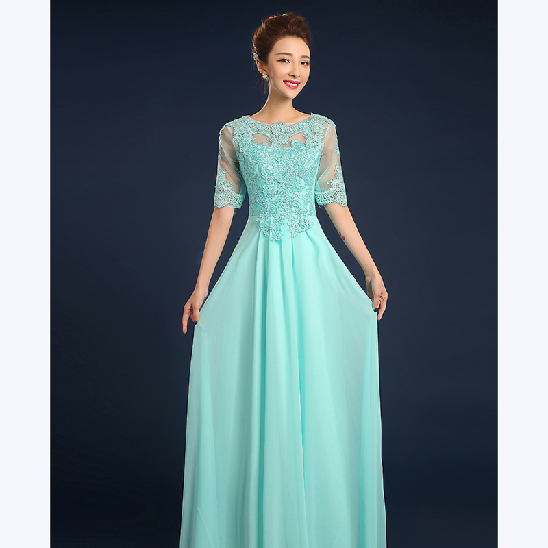 kudapy ชุดราตรียาวสีฟ้า/แขนสี่ส่วน ช่วงอกเป็นลูกไม้ แขน-ด้านหลังซีทรู เรียบหรู กระโปรงผ้าชีฟอง (ซิปหลัง)