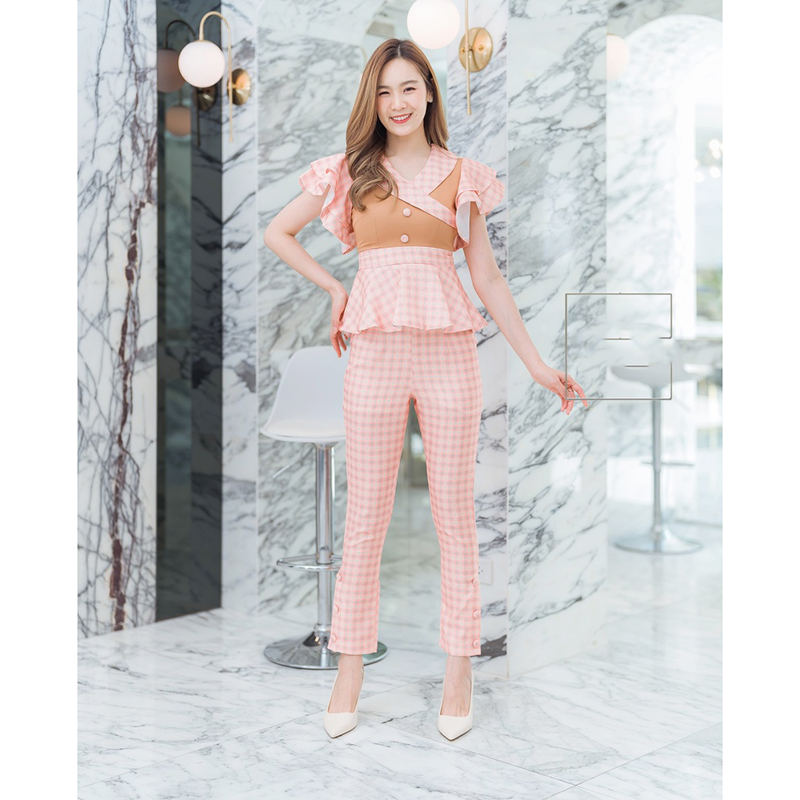 kudapy เซทเสื้อสกอต+กางเกงขายาวลายสกอตสีดำ/สีส้ม