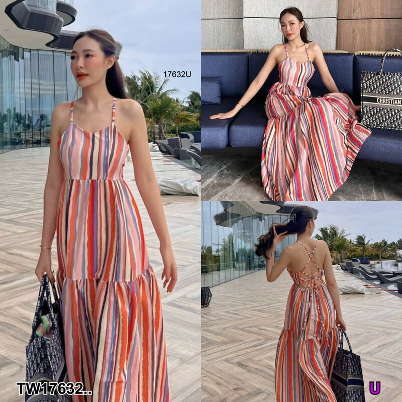 kudapy แม็กซี่เดรสยาวลายทาง สายเดี่ยวสานหลัง ยางยืดเอว แต่งระบายชั้น ผ้านูนลายริ้ว