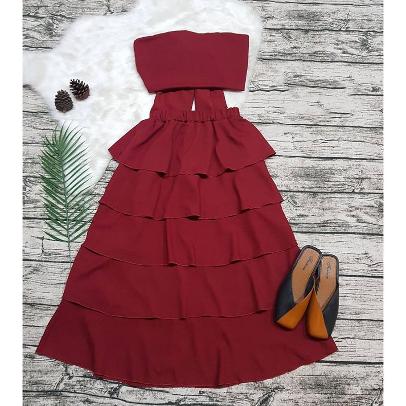 kudapyset 2 ชิ้น สีแดง/ขาว/ชมพู เสื้อเกาะอกแซ่บๆ ผูกโบว์หลัง มาคู่กระโปรงขนมชั้นยาว เอวสม็อกรอบตัวว งานดูไฮสุด