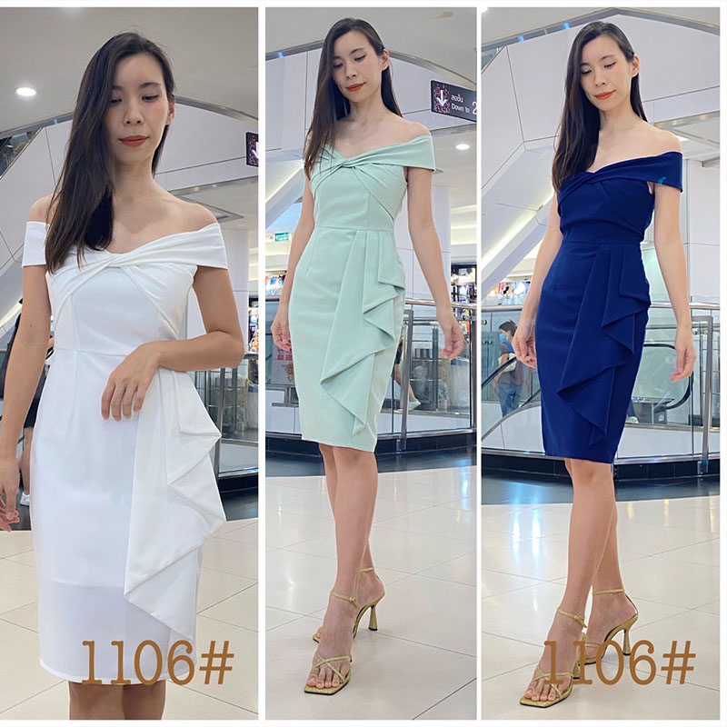 kudapy เดรสสั้นสีขาว/สีเขียว/สีกรม ทรงสอบ เปิดบ่าจับทวิช ช่วงอก จีบระบายสะโพก กระโปรงสอบทรงดินสอ เก็บทรง ผ่าหลังเดินง่าย ซิปหลังยาว