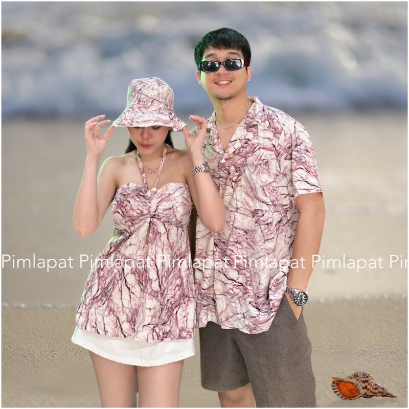 kudapy set 2 ชิ้น เสื้อคู่รัก ชาย+หญิงลายหินอ่อน ผ้าไหมอิตาลี่ ใส่เที่ยวทะเล (ไม่มีหมวกนะคะ)
