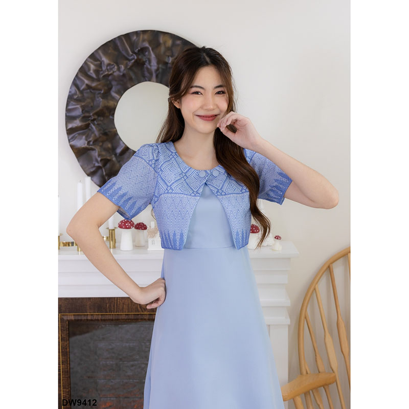 kudapy เดรสสั้น ทรงบานเสื้อลายไทยแต่งกระดุมที่คอ 2 ชิ้น