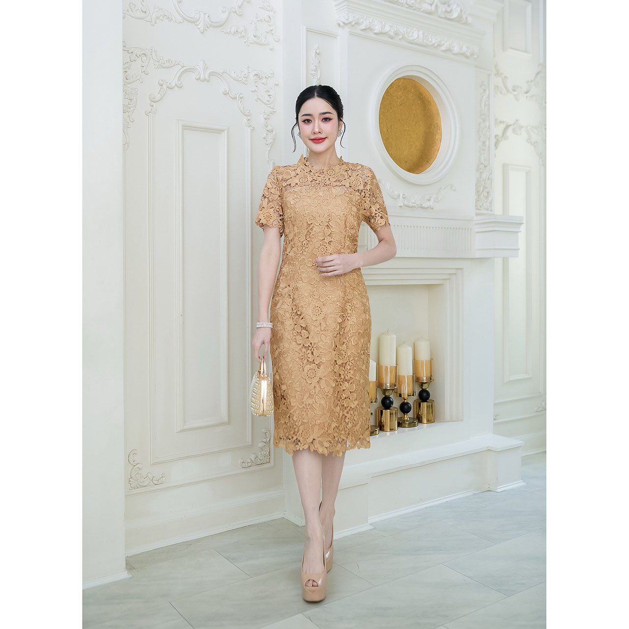 kudapy เดรสลูกไม้เกรดสวยพรีเมี่ยม ลายดอกไม้สวยหวาน ทรงแขนสั้น ตีเกร็ดหน้าหลัง ใส่สวยเรียบหรู เดรสออกงาน