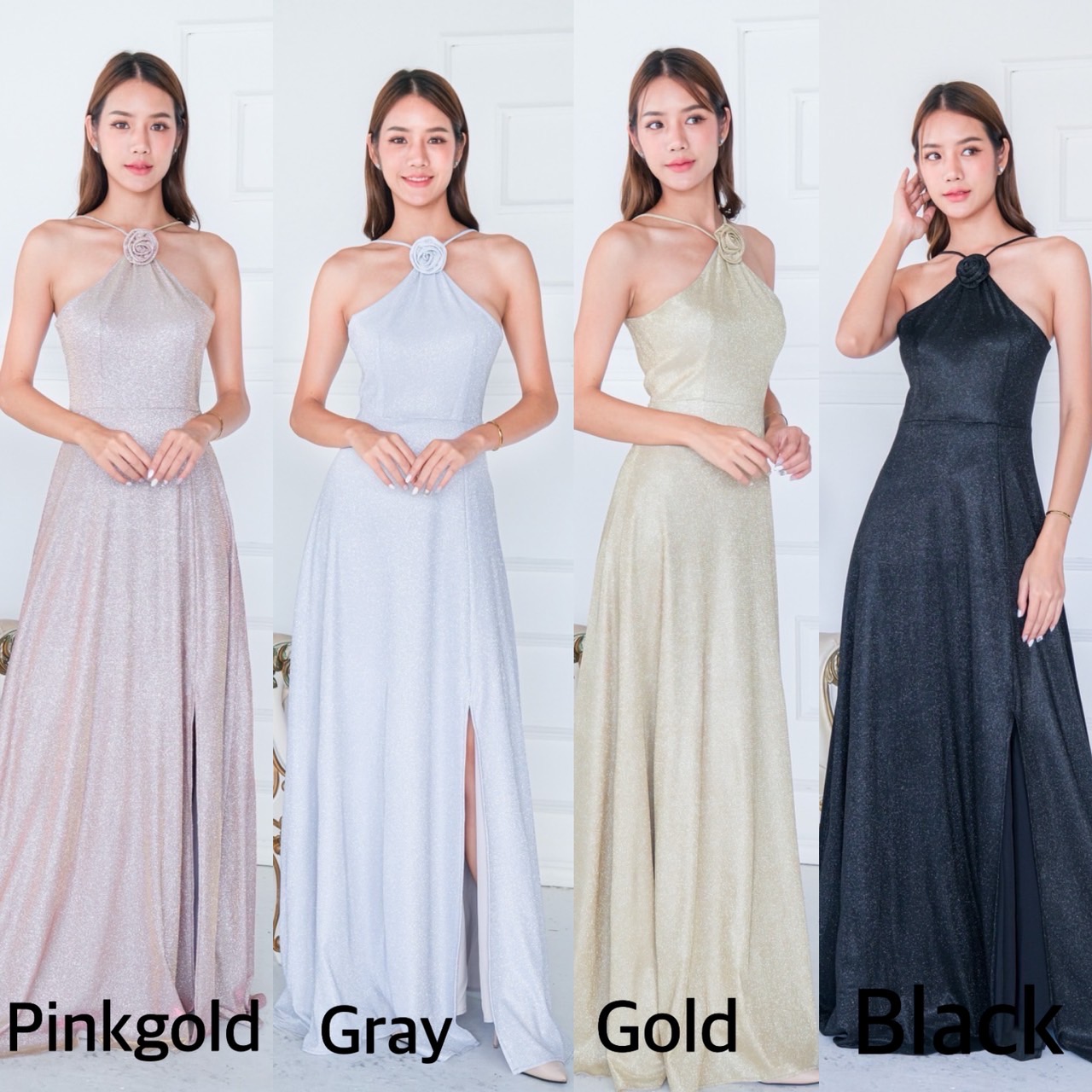 kudapy เดรสราตรีออกงานคล้องคอ ดีเทลเว้าบ่า แต่งเข็มกลัดดอกไม้ ทรงสวยเรียบหร กระโปรงบานพริ้วสวย