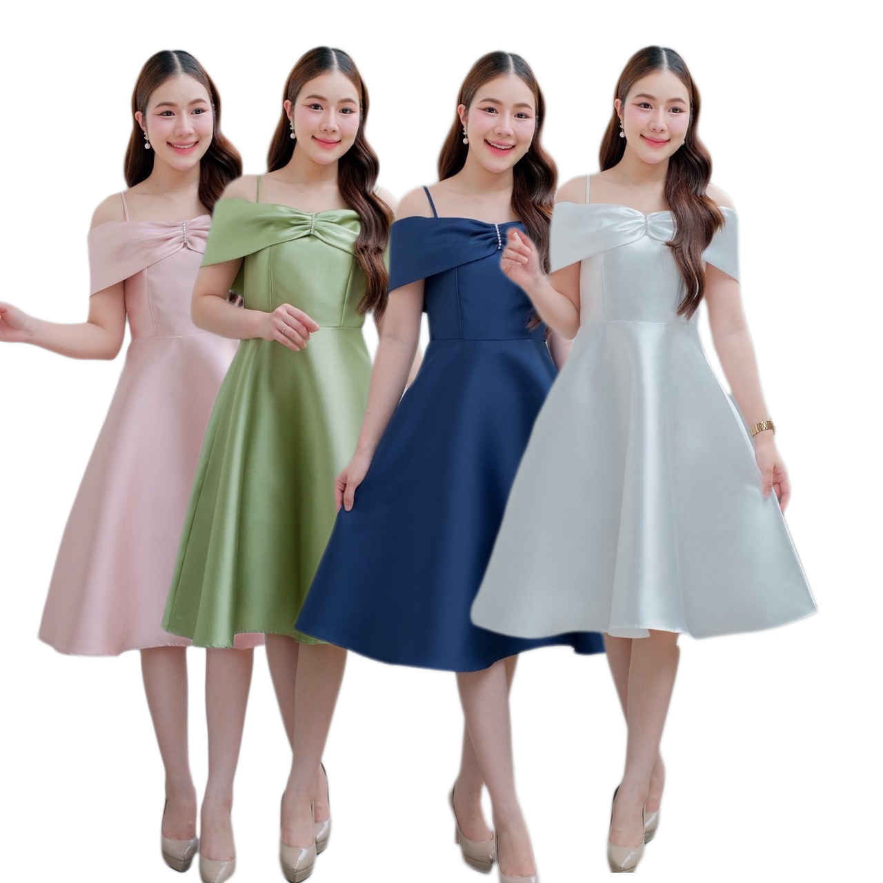 kudapy เดรสสั้น สายเดี่ยวเปิดบ่า แต่งจีบโบว์ประดับอัญมณีเม็ดโต ซิบหลัง