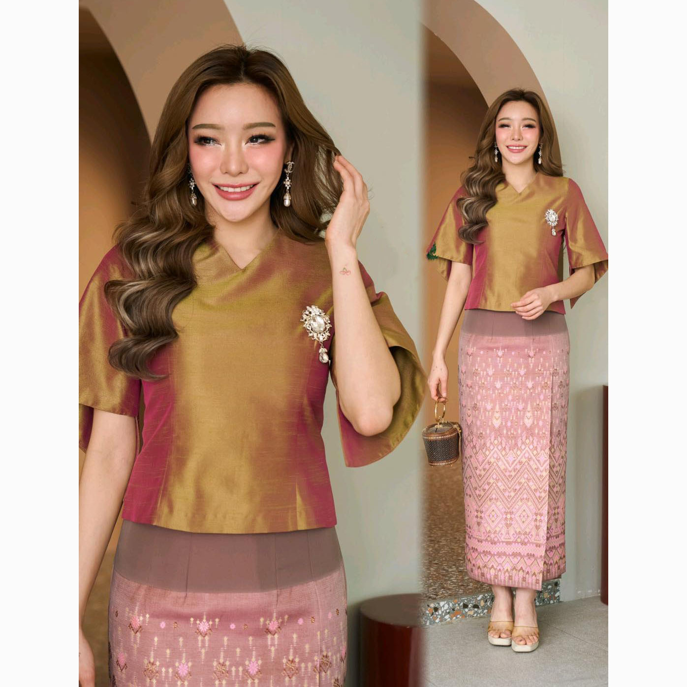 kudapy ชุดเซ็ทเสื้อผ้าไหมแพรทิพย์ สีทองไพรหม่นเขียว+ผ้าถุงผ้าฝ้ายทอลายแพรวากาฬสินธุ์