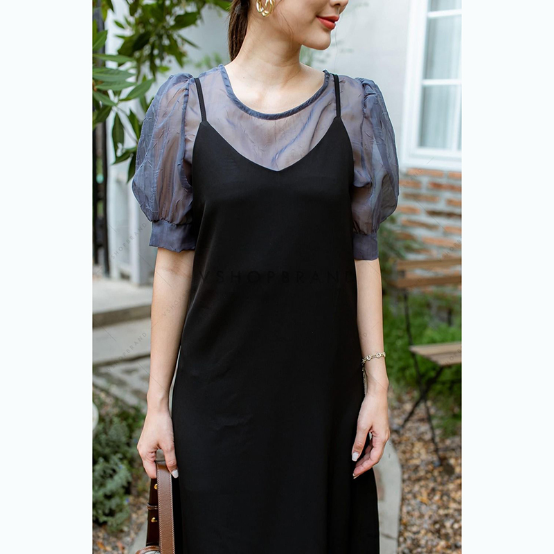 kudapyเซ็ทเสื้อผ้าแก้ว+เดรสสีครีม/ม่วง/ดำ/เทา เป็นการแมชที่ลงตัวค่ะ เสื้อแขนพองตุ๊กตา ผ้าแก้ว