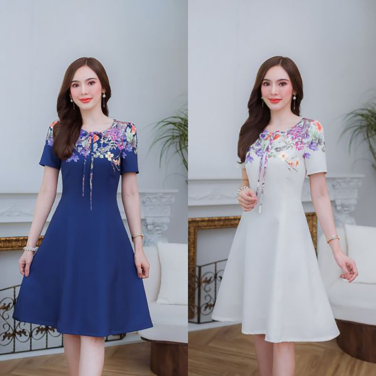 kudapy เดรสสั้นสีกรม/สีครีม พิมพ์ลาย ทรงเรียบ ใส่สบาย เก็บทรงช่วงเอว เล่นลายเชิงช่วงไหล่และแขน เป็นซิปหลังมีซับใน