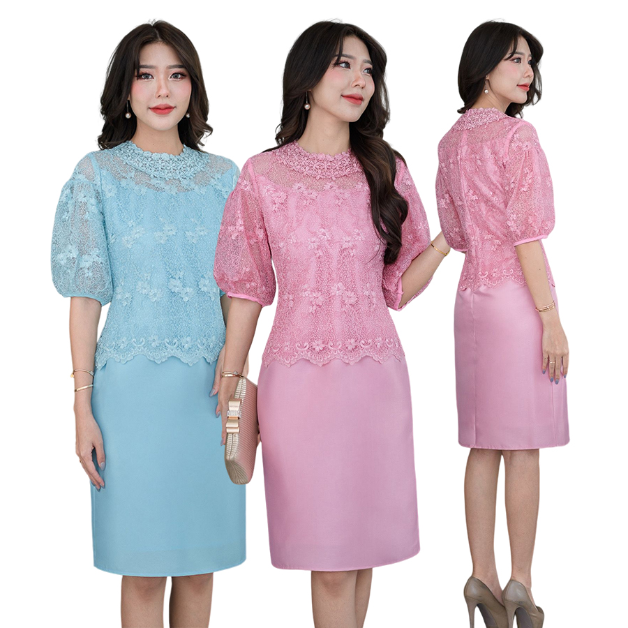 kudapy เดรสสั้นแขนกระดิ่งพองสีชมพู สีฟ้า ลูกไม้+ผ้าไหมทรงเอ ใส่สบายไม่ร้อย ทรงสวยงานมากค่ะ