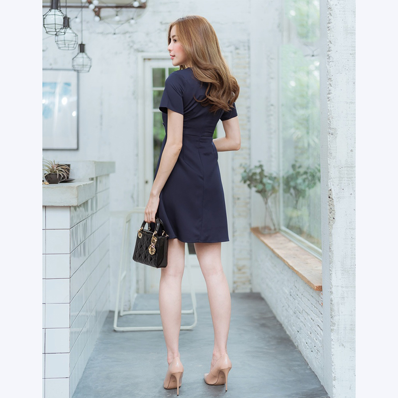 kudapy เดรสสั้นสีชมพู,เขียว,กรม ใส่ทำงานแต่งกระดุมคู่ทูโทนสวยน่ารัก