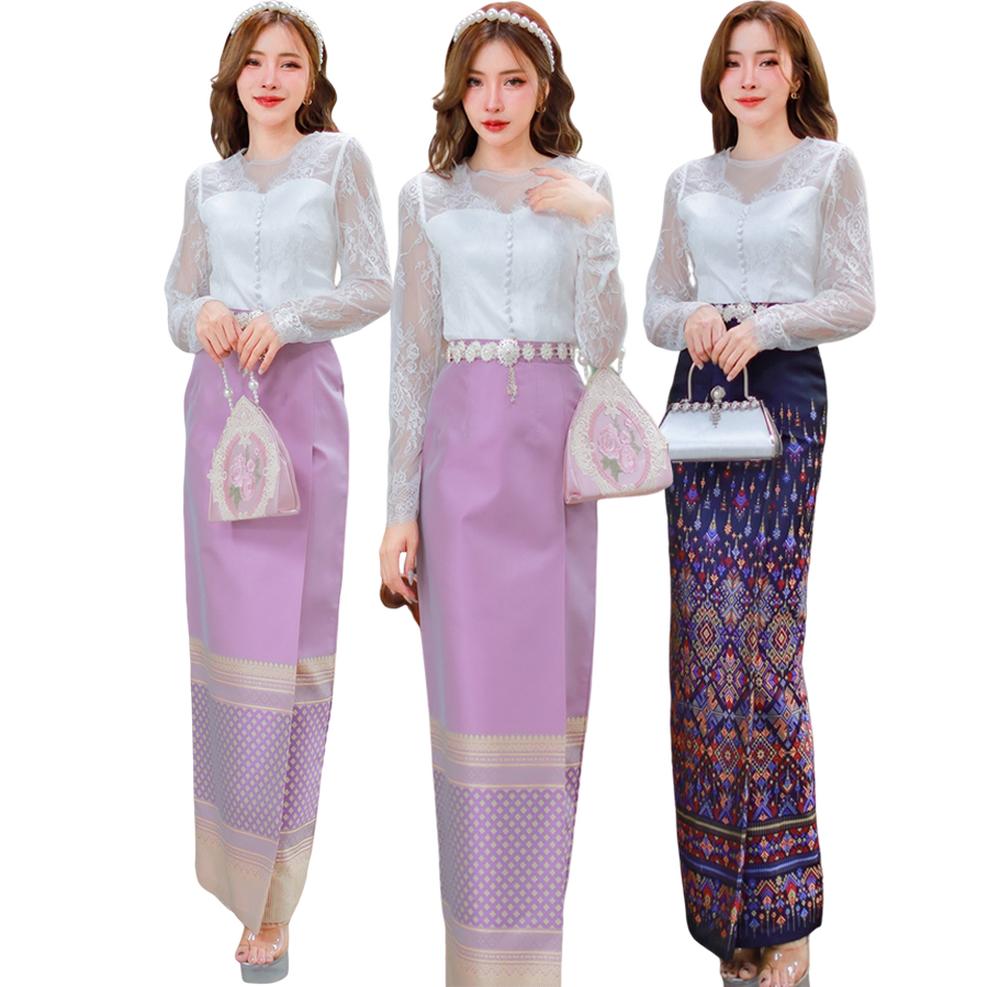 kudapy เสื้อลูกไม้เนื้อนิ่มแขนยาวสีขาว+ผ้าถุงสีม่วง สีกรมท่า สีชมพู ชุดไปงานแต่งเนื้อแน่น ผ้าทอลายอย่างดี