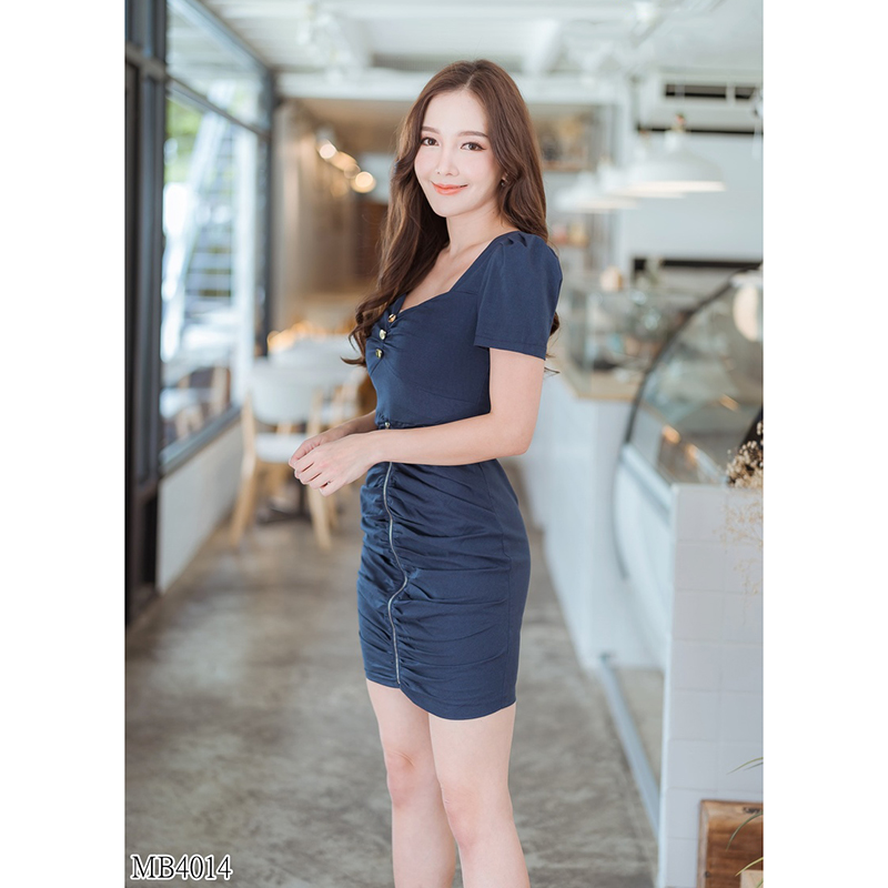 kudapy เดรสสั้นจับจีบกระดุมทองสีแดง/สีกรม ใส่ออกงานเซ็กซี่มากๆ