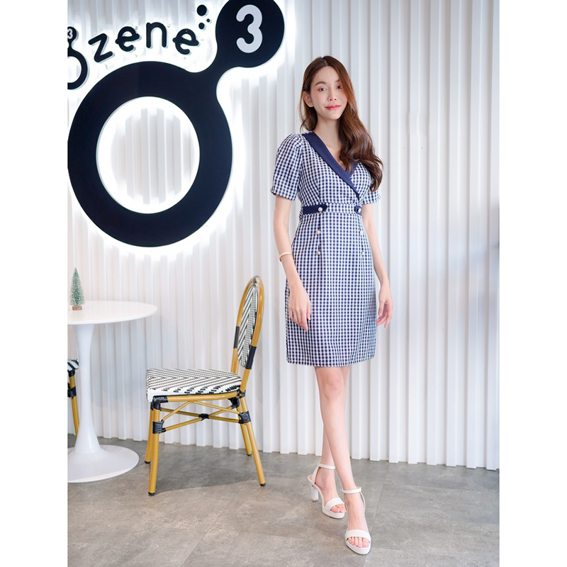 kudapy เดรสสั้นสีม่วง/สีกรม/สีชมพู คอปกสูทลายสก็อต