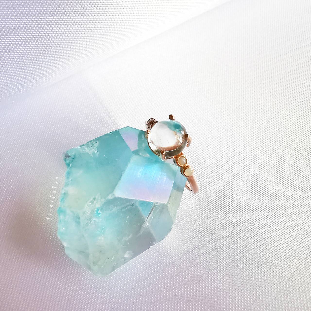แหวนเงินชุบพิ้งโกลด์พลอยอความารีน+พลอยโอปอล Aquamarine+Opal
