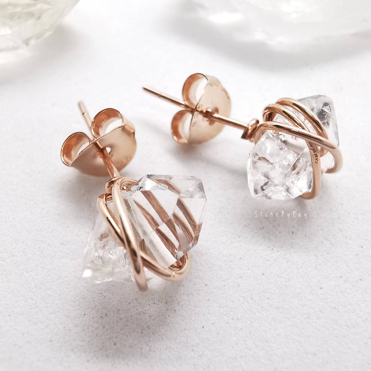 ต่างหูเงินชุบพิ้งโกลด์หินเฮอร์คิเมอร์ไดม่อน Golden Enhydro Herkimer Diamond