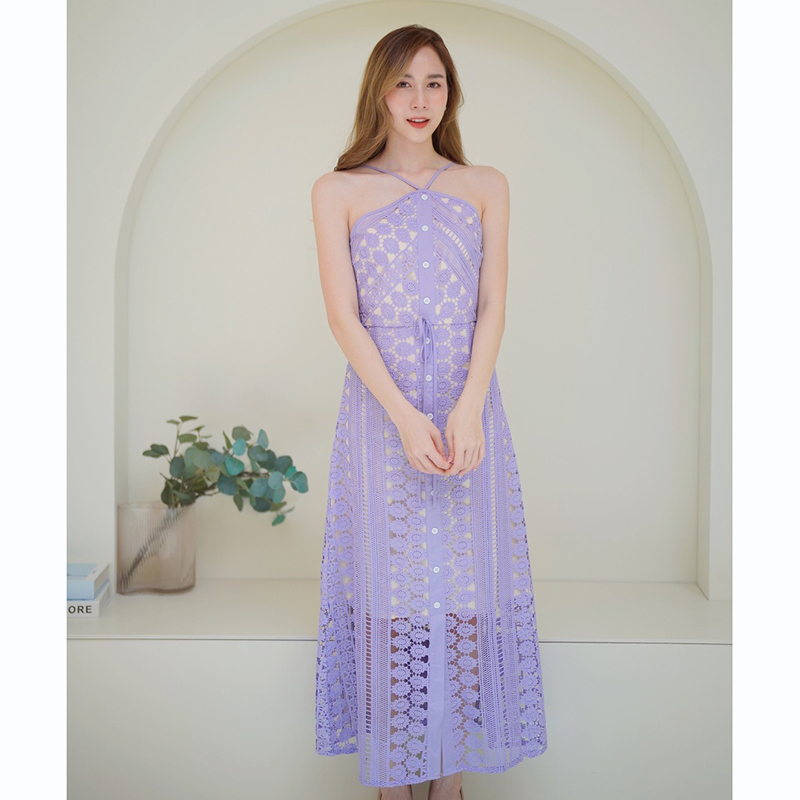 kudapy เดรสยาวสีขาว/สีม่วง สายเดี่ยวมีกระดุมตรงกลาง