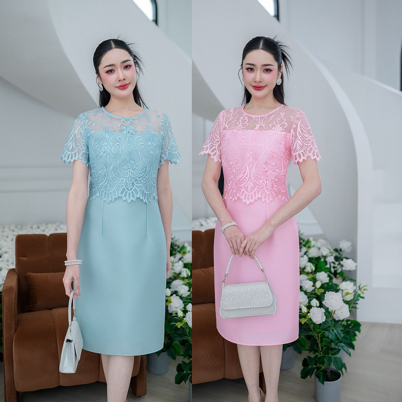 kudapy เดรสสั้นสีชมพู/สีฟ้า ผ้าไหม รุ่นแขนสั้น ช่วงเสื้อเป็นงานผ้าลูกไม้ปักลายดอกไม้ไทยกนก แต่งเลื่อมด้วยโทนสีอ่อนละมุน