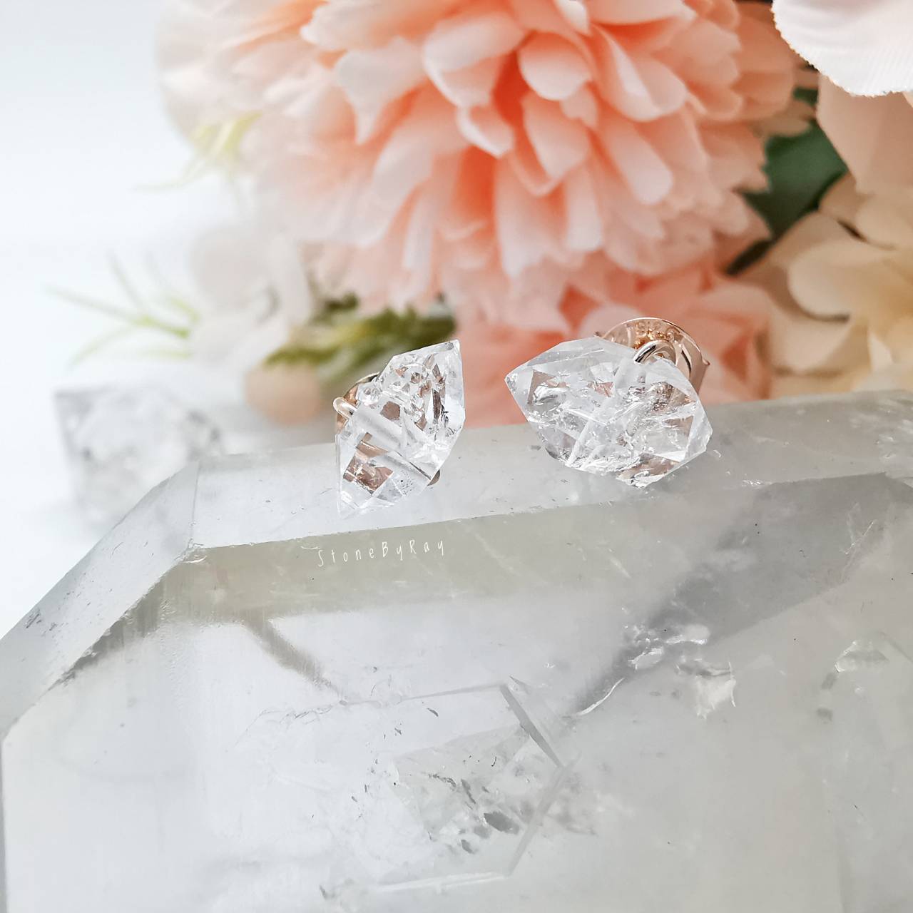 ต่างหูเงินชุบพิ้งโกลด์หินเฮอร์คิเมอร์ไดม่อน Herkimer Diamond
