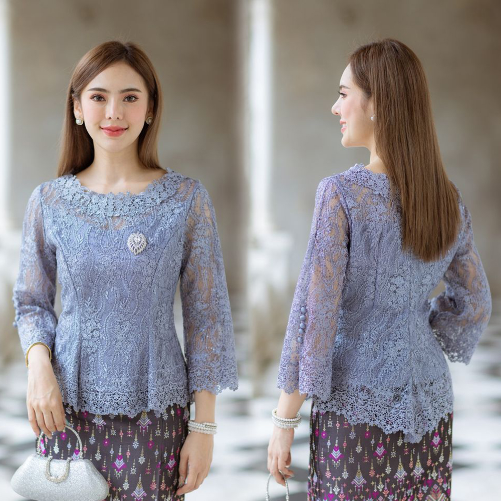 kudapy เสื้อลูกไม้ฝรั่งเศษสีน้ำตาลทอง,สีชมพูม่วง,สีฟ้าเทา ดีเทลคอกลม ด้านหลังยาว แขนกระดิ่งยาวสามส่วน