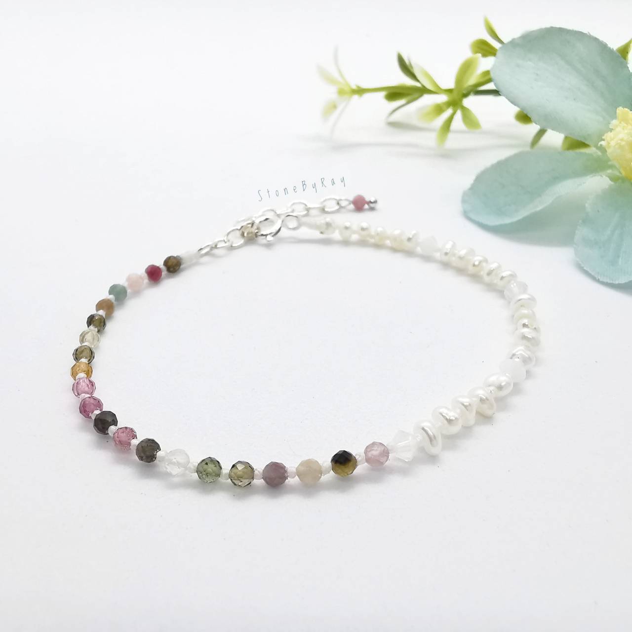สร้อยข้อมือเงินหินทัวมาลีน+ไข่มุกแท้ Tourmaline+Pearl