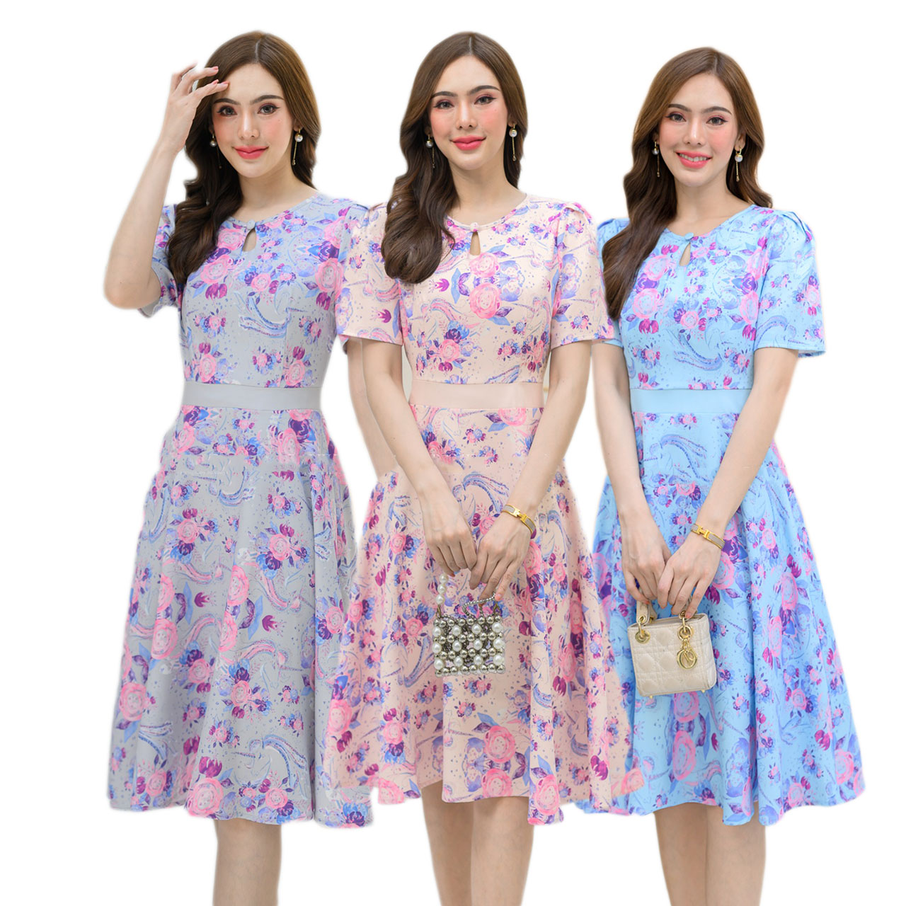 kudapy เดรสผ้าKnit polyester fabric ทางเอ แขนสั้นคอกลม ผ้าพิมพ์ลานดอกสวยงามทันสมัย