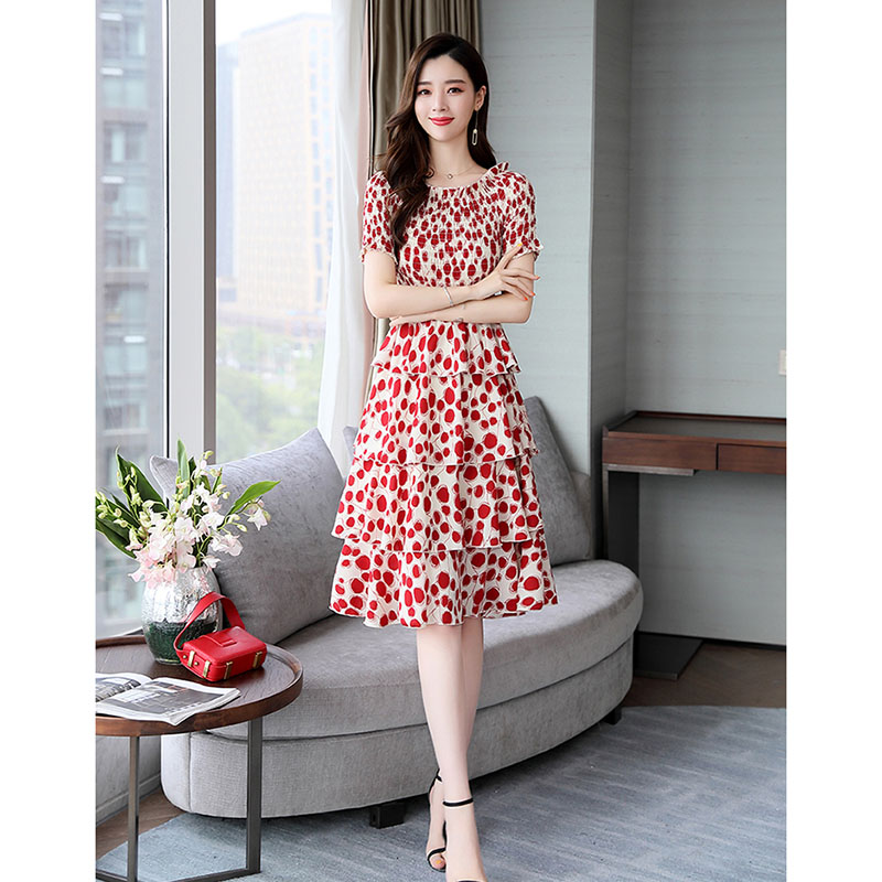 kudapy ชุดเดรสสั้นสีแดง,สีน้ำเงิน ใส่ทำงาน ผ้าโพลีเอสเตอร์ผสมพื้นสีครีม