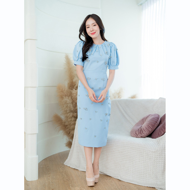 kudapy เดรสยาวสีขาว/สีฟ้า/สีชมพู แขนตุ๊กตาประดับเพชร